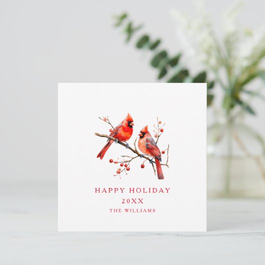 Rode Kardinaal Vogels op Holly Tree Branch Kaart (Staand voorkant)