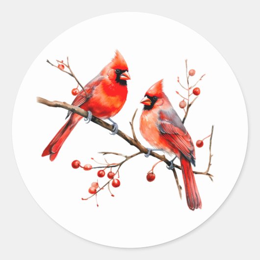 Rode Kardinaal Vogels op Holly Tree Branch Ronde Sticker (Voorkant)