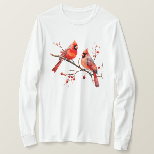 Rode Kardinaal Vogels op Holly Tree Branch T-shirt (Design voorkant)