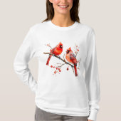 Rode Kardinaal Vogels op Holly Tree Branch T-shirt (Voorkant)