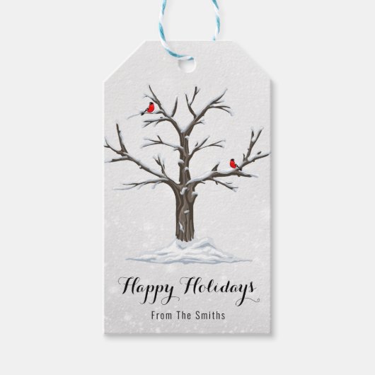 Rode Kardinaal Vogels Op Sneeuw Boom Illustraties Cadeaulabel (Voorkant)