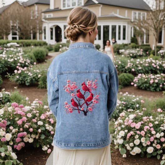 Rode Kardinaal Vogels Roze Kersenbloesem Boom Voge Denim Jacket (Huwelijk Achterkant)