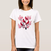 Rode Kardinaal Vogels Roze Kersenbloesem Boom Voge T-shirt (Voorkant)