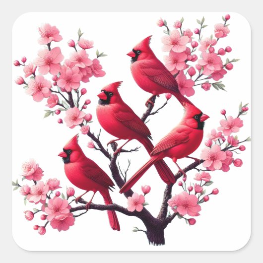 Rode Kardinaal Vogels Roze Kersenbloesem Boom Voge Vierkante Sticker (Voorkant)