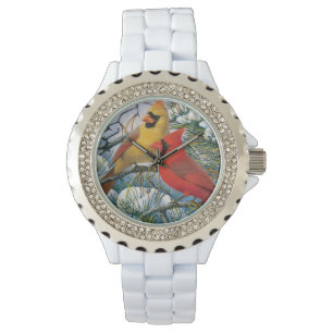 Rode Kardinaal Vogels Winter Sneeuw Chic Cute Horloge