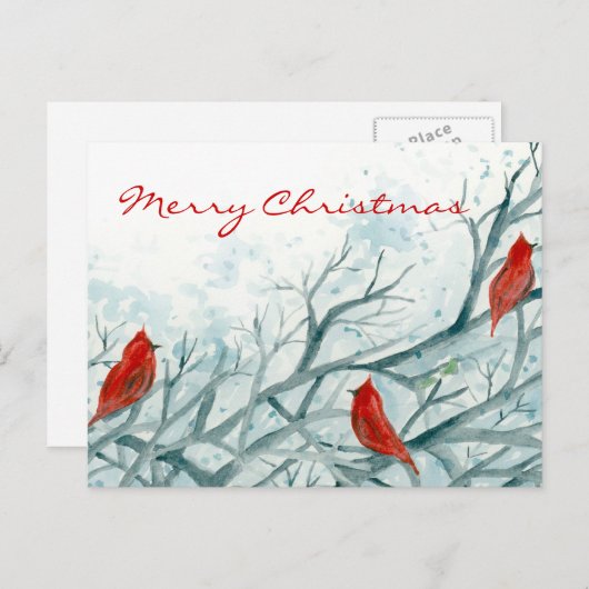 Rode Kardinaal Vogels Winterbomen Vrolijk Kerstfee Feestdagenkaart (Voorkant / Achterkant)