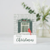 Rode kardinaal voor het raam vrolijke kerst briefkaart (Staand voorkant)