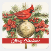 Rode Kardinaal Vrolijk Kerstfeest Sticker (Voorkant)