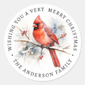 Rode kardinaal waterverf familienaam ronde sticker (Voorkant)