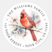 Rode kardinaal waterverf kerst retour adres ronde sticker (Voorkant)