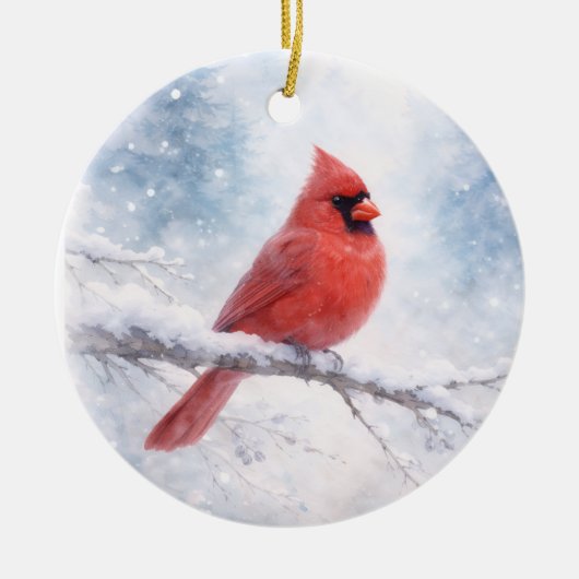 Rode Kardinaal Winter Aquarel Keramisch Ornament (Voorkant)