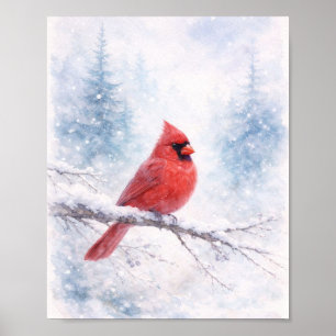 Rode Kardinaal Winter Aquarel Kunstprint Poster