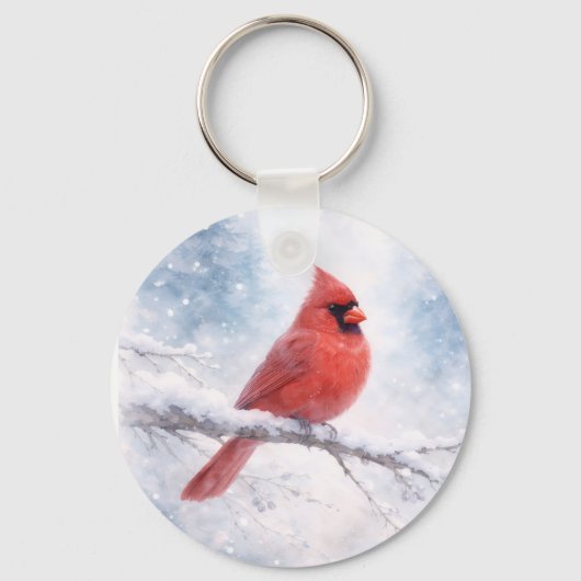 Rode Kardinaal Winter Aquarel Sleutelhanger (Voorkant)