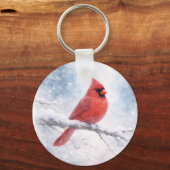 Rode Kardinaal Winter Aquarel Sleutelhanger (Voorkant)