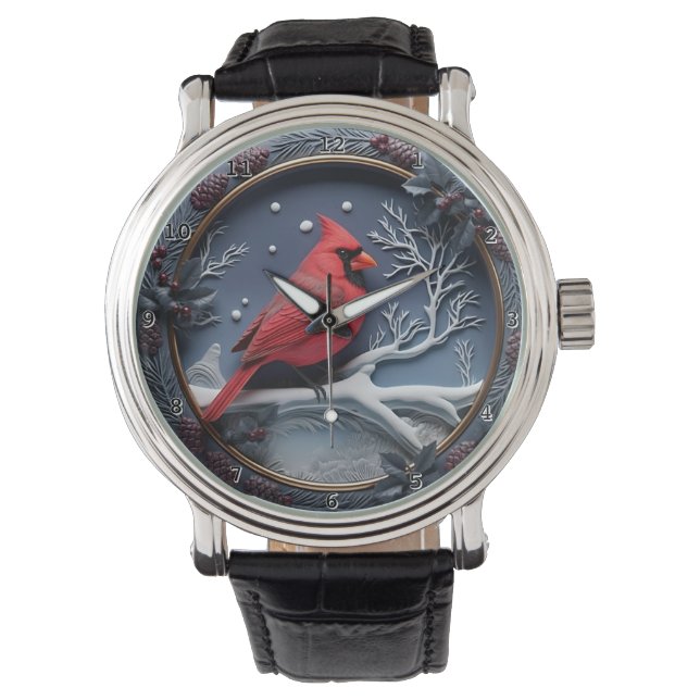 Rode Kardinaal Winter Sneeuw Horloge (Voorkant)