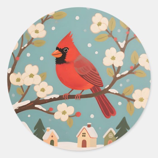 Rode Kardinaal Wintertak Ronde Sticker (Voorkant)