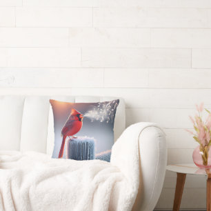 Rode Kardinaal zingen op Winter Fence Post Kussen