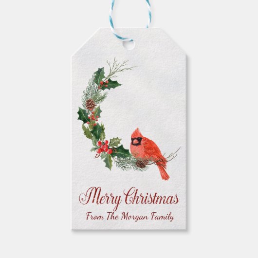 Rode Kardinaalvogel Hulstbes Kerstmis Cadeaulabel (Voorkant)