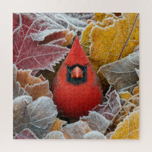 Rode Kardinaalvogel in Vorstige Herfstbladeren Legpuzzel (Verticaal)