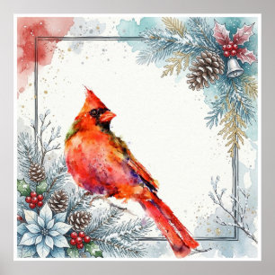 Rode Kardinaalvogel Poinsettia Winterbes Groenen Poster