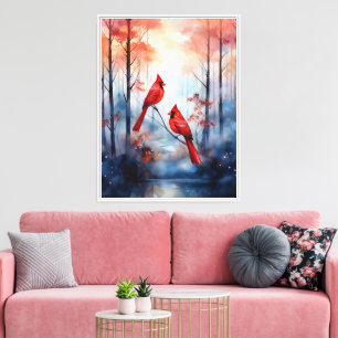 Rode Kardinaalvogels in een Nevelig Bos Canvas Afdruk