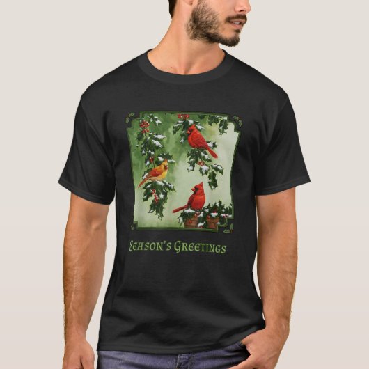 Rode kardinaalvogels met kerst Holly Berries blade T-shirt (Voorkant)
