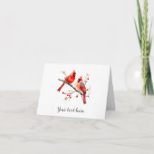 Rode Kardinaalvogels op Hulstboomtak Feestdagen Kaart (Voorkant)