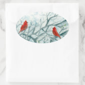 Rode Kardinaalvogels Winterbomen Waterverf Ovale Sticker (Tas)
