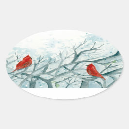 Rode Kardinaalvogels Winterbomen Waterverf Ovale Sticker