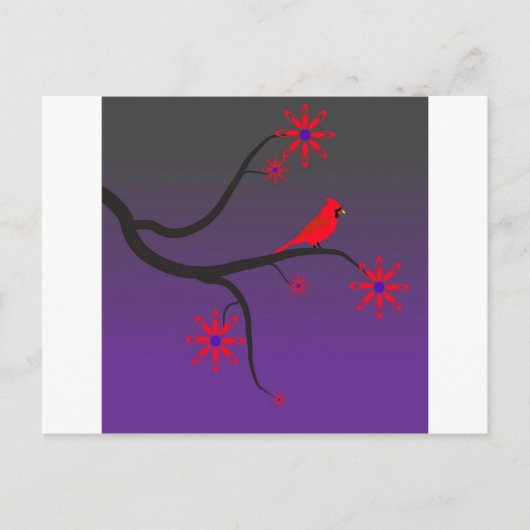 Rode kardinale vogel in een boom op paarse achterg briefkaart (Voorkant)