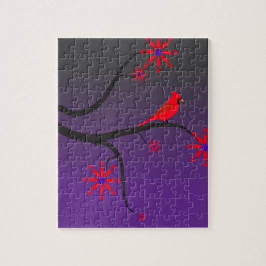 Rode kardinale vogel in een boom op paarse achterg legpuzzel (Verticaal)