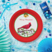 Rode kardinale vogel op boomtak papieren bordje (Feest)