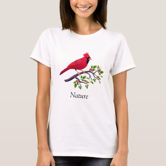 Rode kardinale vogel op boomtak t-shirt (Voorkant)