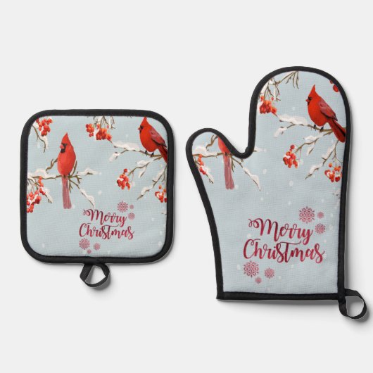 Rode kardinale vogelbomen sneeuwkerst ovenwant & pannenlap set (Voorkant)