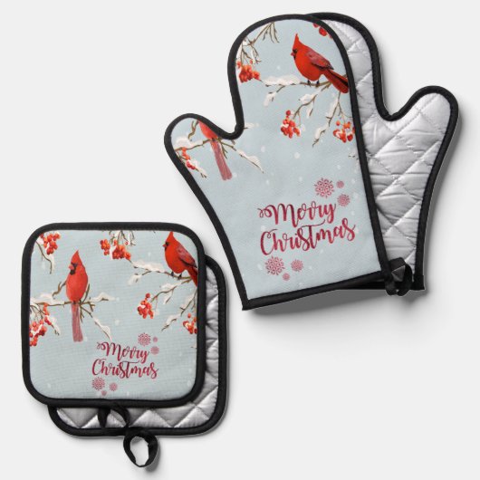 Rode kardinale vogelbomen sneeuwkerst ovenwant & pannenlap set (Voorkant / Achterkant)