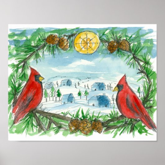 Rode kardinale vogels Wintersneeuwschilderij Poster (Voorkant)