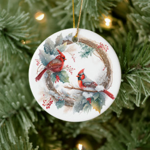 Rode kardinale Waterverf Winterkerst Keramisch Ornament