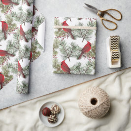  rode kardinalen Berry Pine Branches Kerstmis Cadeaupapier