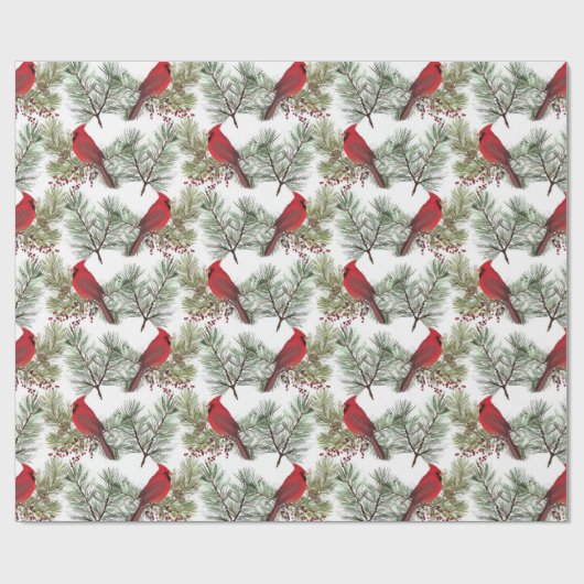  rode kardinalen Berry Pine Branches Kerstmis Cadeaupapier (Vlak)