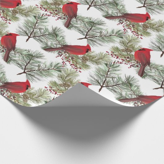  rode kardinalen Berry Pine Branches Kerstmis Cadeaupapier (Hoek)