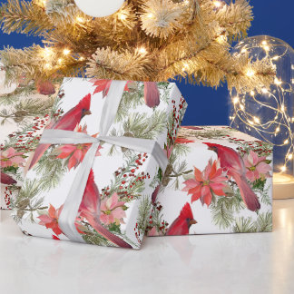 Rode kardinalen, bessen en Poinsettia Flowers Cadeaupapier