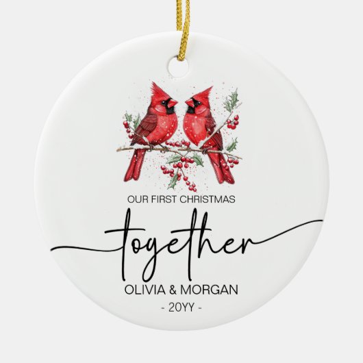 Rode kardinalen Eerste Kerstdag samen Namen Keramisch Ornament (Voorkant)