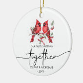 Rode kardinalen Eerste Kerstdag samen Namen Keramisch Ornament (Links)