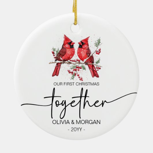 Rode kardinalen Eerste Kerstdag samen Namen Keramisch Ornament (Achterkant)