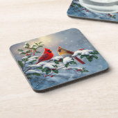 Rode kardinalen en Holly in de sneeuw Bier Onderzetter (Linkerzijde)