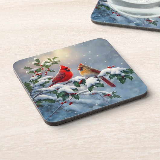 Rode kardinalen en Holly in de sneeuw Bier Onderzetter (Linkerzijde)
