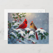 Rode kardinalen en Holly in de sneeuw Briefkaart (Voorkant / Achterkant)