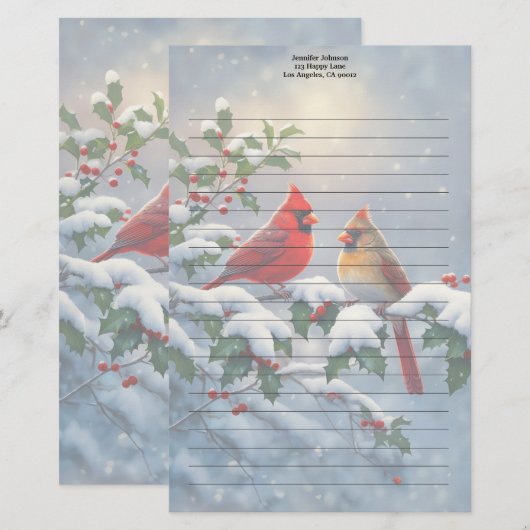 Rode kardinalen en Holly in de sneeuw Briefpapier (Voorkant / Achterkant)