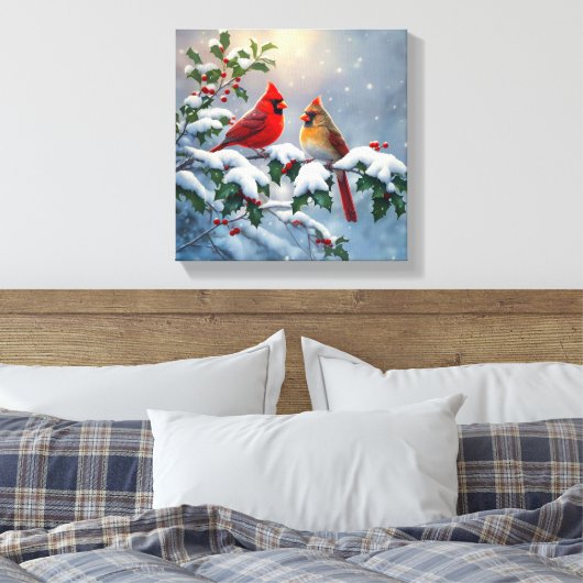 Rode kardinalen en Holly in de sneeuw Canvas Afdruk (Insitu (Slaapkamer))
