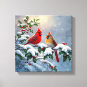 Rode kardinalen en Holly in de sneeuw Canvas Afdruk (Voorkant)